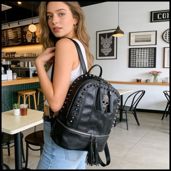 Gothic Punk Rock Faux Leather Backpack Studded Skull Tassels Daypack main image 7